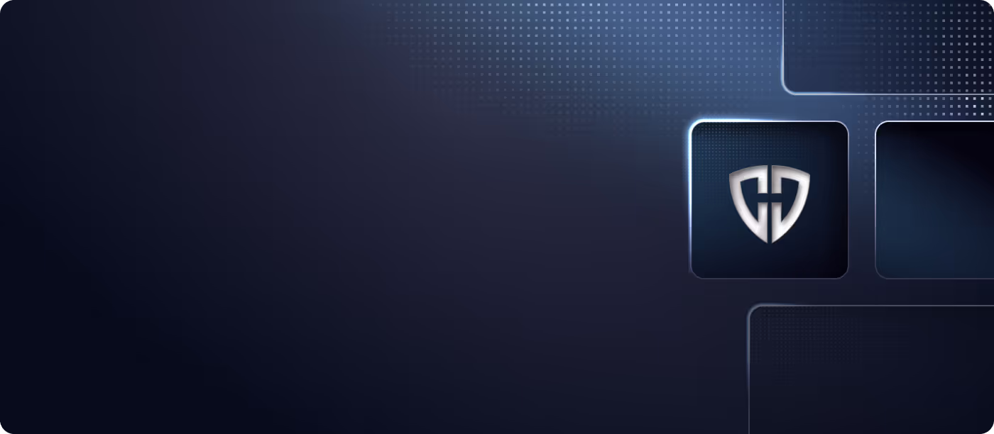 Silver shield emblem with stylized 'H' on a dark blue digital interface background.