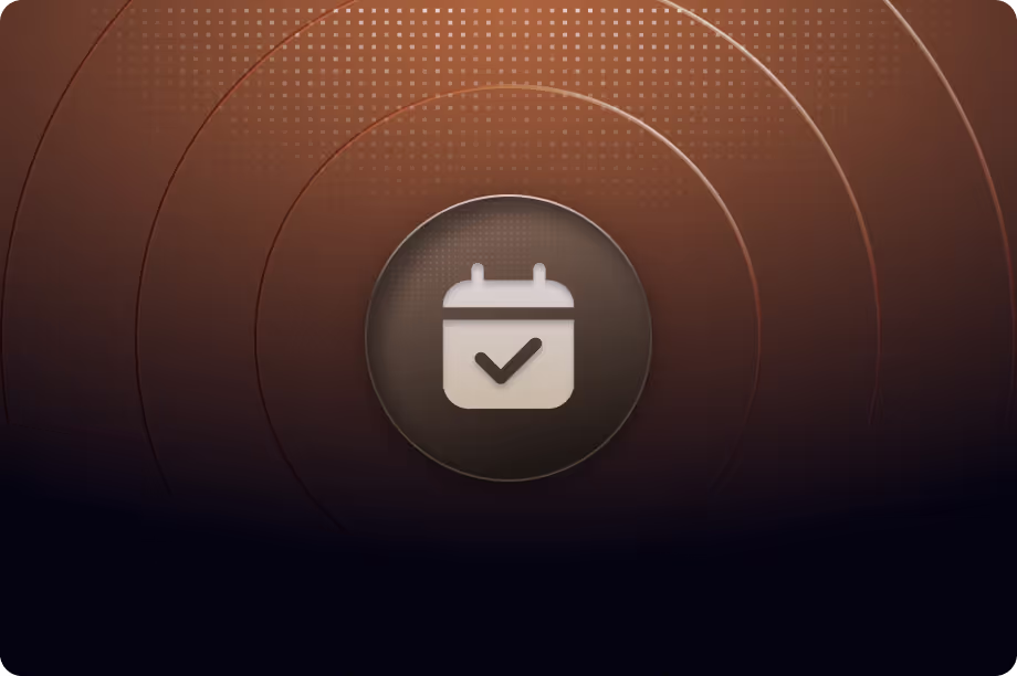 Calendar icon with a checkmark in the center against a brown and black gradient background with concentric circles and dotted pattern.