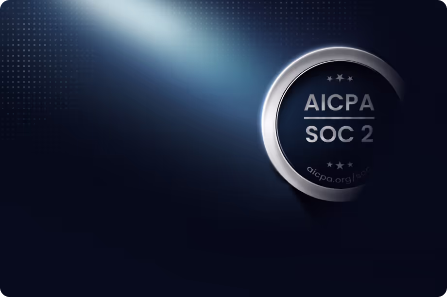 Spotlight shining on a circular AICPA SOC 2 certification badge on a dark background.
