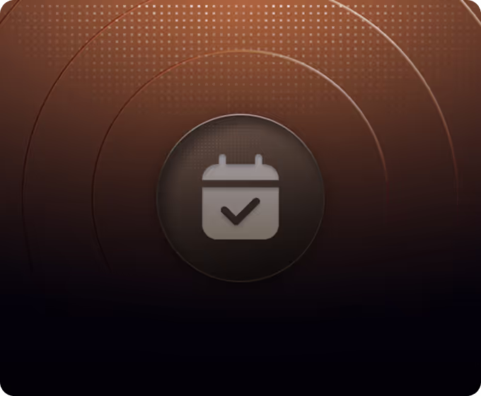 Calendar icon with a checkmark in the center on a dark circular background with orange gradient and dotted pattern.