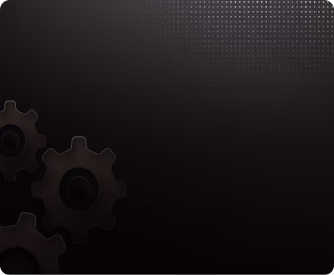 Three dark metallic gears on the lower left corner with a black to dark gray gradient background and dotted pattern in the top right corner.