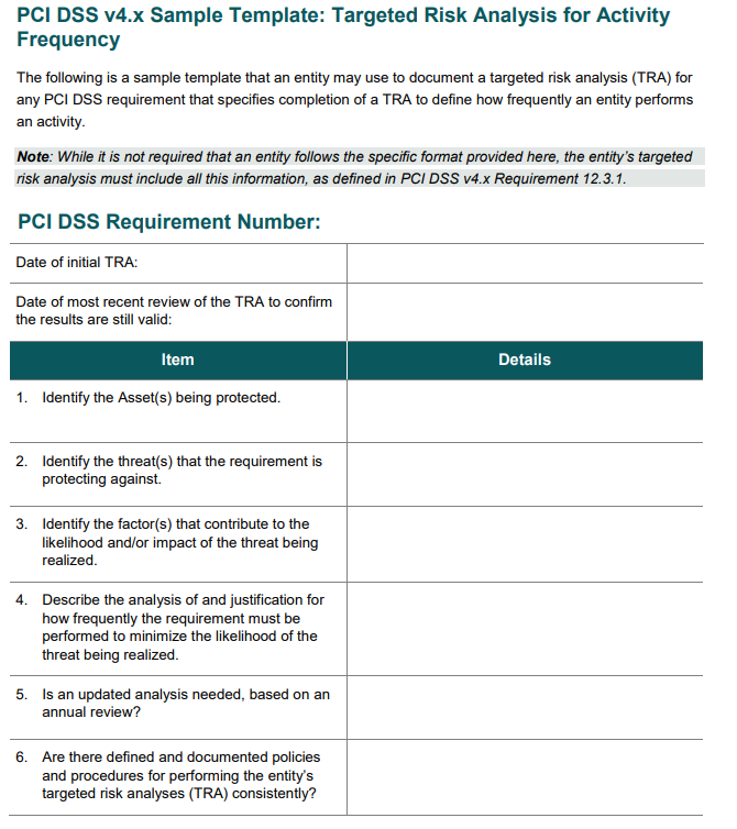 PCI DSS v4.x Sample Template targeted risk analysis for activity frequency cybercrest